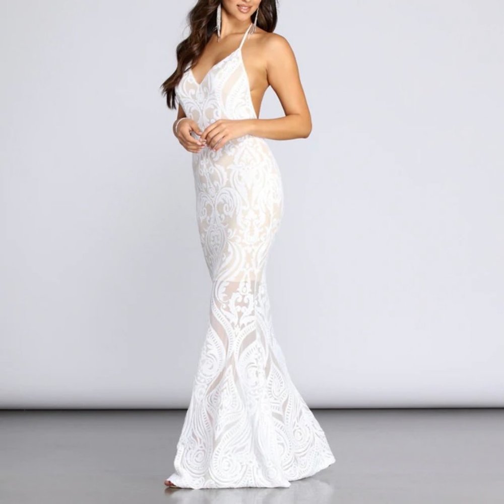 Windsor Meg Formal Sequin Halter Dress White Sz M - Picture 2 of 15